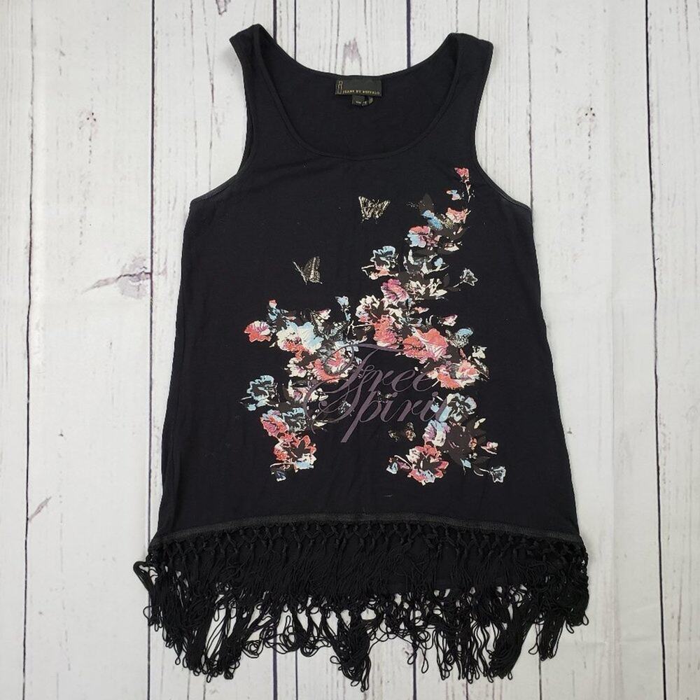 I Jeans by Buffalo Boho Black Graphic Sleeveless Fringed Trim Tank Size Medium